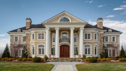 Grand, light beige mansion with columns, stone accents, and a spacious front entryway