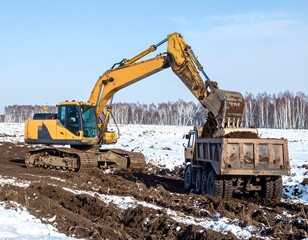 Excavator loading truck in snowy field