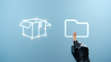 Digital Transformation Concept with Hand Pointing to Folder Icon and Package Box on Blue Background Representing Data Management and Cloud Storage Solutions