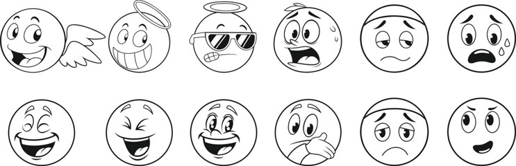 Black and white cartoon emoji face collection with different moods and expressions. Fun doodle emoticon set for coloring, design, and decoration. Playful sketch smiley icons illustration.