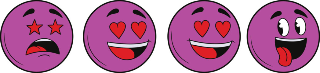 Funny purple emoji faces with expressive love and star eyes in cartoon style. Cute emotional smiley icons for chat, stickers, and digital communication. Playful character illustration.