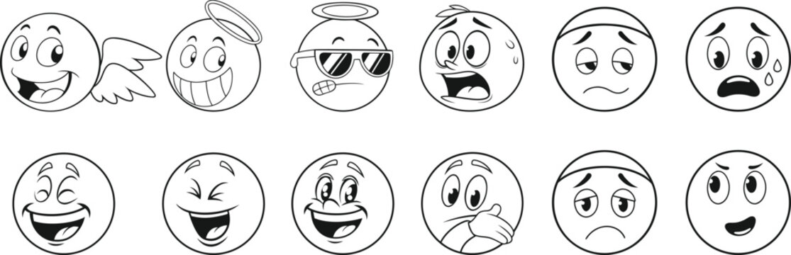 Naklejki Black and white cartoon emoji face collection with different moods and expressions. Fun doodle emoticon set for coloring, design, and decoration. Playful sketch smiley icons illustration.