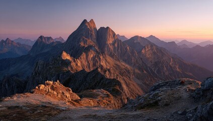 Naklejka premium Mountain panorama at sunrise