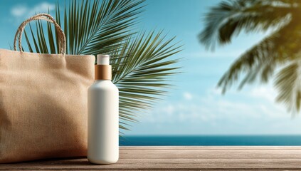 Beige bag and white bottle on wooden deck, tropical backdrop