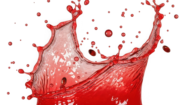 Dynamic red liquid splash frozen in time capturing vibrant energy and refreshing movement transparent background