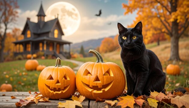 Black cat sits by jack-o'-lanterns in autumnal scene