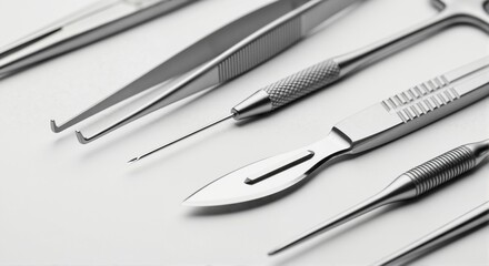 Sterile surgical instruments arranged on a white background. Close-up of medical equipment including a scalpel and forceps for surgery. Healthcare concept.