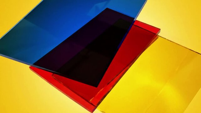 Overlapping primary color transparent acrylic sheets on yellow background