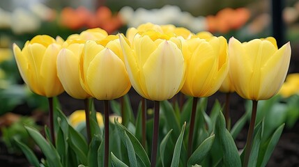 Obraz premium Close-up of vibrant yellow tulips in garden bed, colorful flowers in background