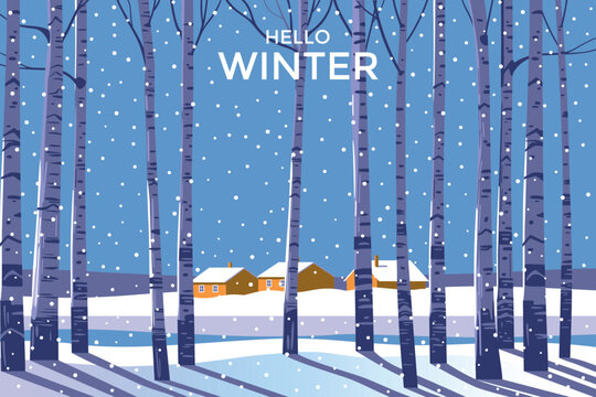 Winter vector landscape, nature panorama with birch trees under snow in the foreground, rural houses, forest and flying snowflakes in the background. Can be used for gifts, banners, book covers etc.