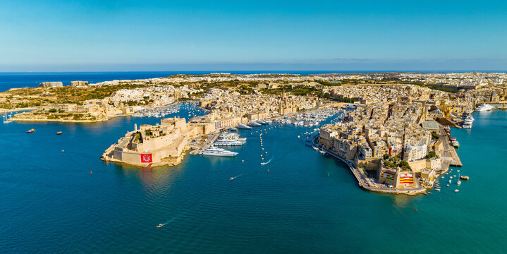 Drone view of famous old Three Cities&mdash;Senglea, Birgu and Bormla cities. Malta island