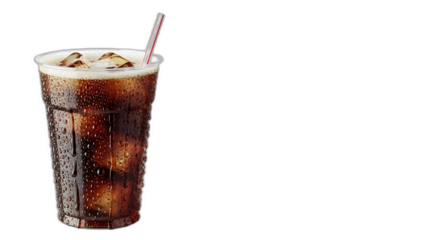 A plastic cup of cola with ice and a straw on black