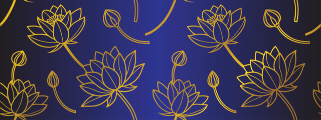 Elegant golden lotus flower seamless pattern on deep blue background. Luxury floral decorative design for wallpaper, textile, and background. Stylish ornamental lotus motif artwork.