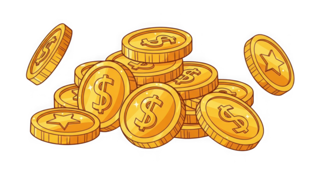 Shiny golden dollar coins pile falling and stacked money treasure wealth prosperity fortune gambling casino game finance investment success wealthy transparent background