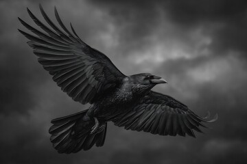 Obraz premium Ultra realistic crow flying against stormy sky selective color wings highlighting deep black feathers dramatic wildlife capture