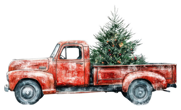 Fototapeta PNG Red truck with a Christmas tree christmas watercolor vintage.