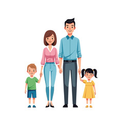 A cartoon family of four stands together holding hands against a plain white background in a portrait view