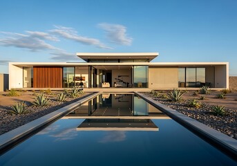 Obraz premium Architectural marvel showcasing modern design with a refreshing pool and serene desert landscape under clear skies