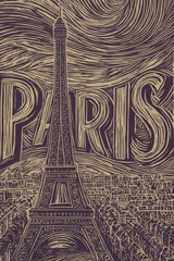 Paris Eiffel Tower Vintage Sepia Linocut Poster