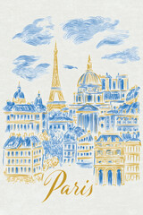 Paris Monuments Blue & Gold Urban Illustration Poster