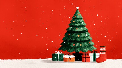 Obraz premium A cute Christmas tree, presents, and socks on a red background, in a simple, flat illustration style with minimalist details, a vector graphic design.