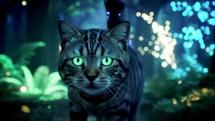 Cheshire Cat in fantasy moonlit forest, glowing mushrooms, pulsing fur stripes, subtle magical woodland motion - Powered by Adobe