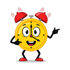 Cartoon alarm clock character with a yellow face, red bells, and black arms and legs pointing outwards