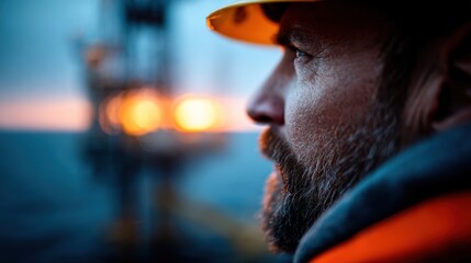 Offshore platform with a renewable worker silhouetted against the sea horizon
