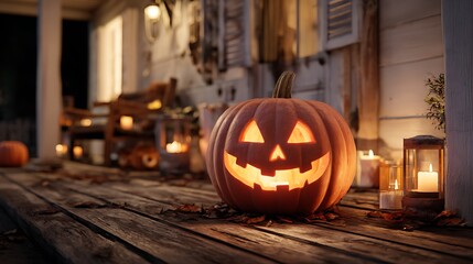 Spooky jack o lantern glows on wooden porch surrounded by candles and lanterns on halloween night