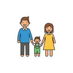 Illustration of a family with a father mother and child holding hands on a white background smiling