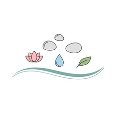 Illustration of lotus flower stones water drop and leaf above a wavy line on a white background
