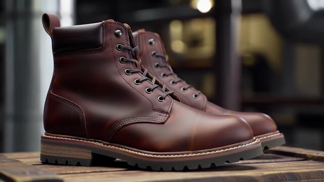 Pair of Shiny Brown Leather Boots on Wooden Surface with Detailed Stitching and Laces