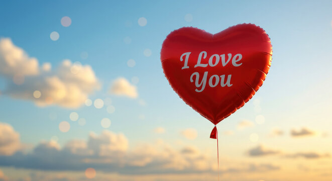 Red heart balloon with I Love You floats in a blue sky with clouds - Powered by Adobe