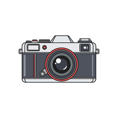 Illustration of a vintage camera with a red ring around the lens and a white background plain style