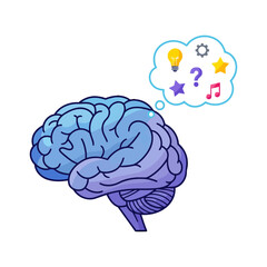 Illustration of a brain with a thought bubble containing a lightbulb, gear, star, question mark, note