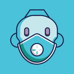 Cute cartoon face wearing a protective medical mask icon