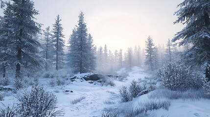 Obraz premium Winter forest scene with snow covered trees creating a serene and frosty atmosphere photo