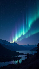 Northern Lights Aurora Borealis Display Over Mountain Lake Scene