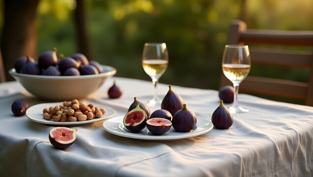 Fresh ripe figs and nuts served with white wine on a table outdoors during golden hour, creating a delightful and healthy snack setting