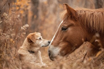 Obraz premium Close encounter between a dog and a horse in an autumn forest setting