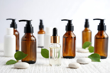 Spa and wellness setting with essential oil bottles and natural elements for skincare and aromatherapy