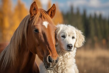 Obraz premium Cute horse and fluffy dog share a moment in a field during autumn with golden trees in the background