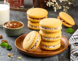 Delicious stacked cookies with caramel filling