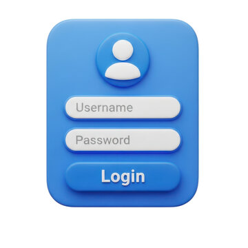 3d login user interface button with username and password fields isolated on transparent background
