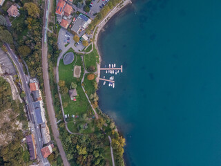 Aerial top down Lago di Garlate Lake Lecco Como mountains Italian Alps Fall in Lombardy
