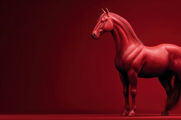 Fototapeta premium Red horse sculpture displayed against a dark red background highlighting its form and texture