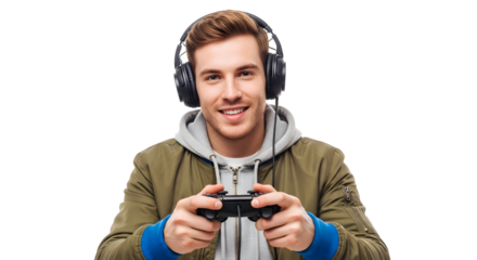 Cheerful young man enjoying his favorite video game hobby, wearing headphones and holding a controller, expressing joy and leisure time entertainment while playing