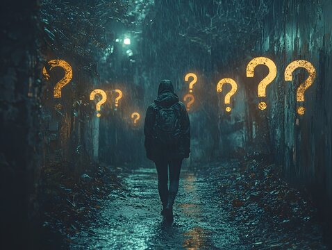 A solitary person walks down a dark rainy path surrounded by glowing question marks symbolizing uncertainty