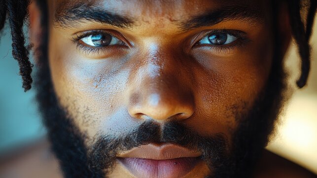 Close-up portrait of a man, intense gaze, urban setting, blurred background