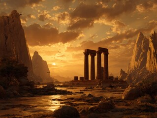 Explore ancient ruins at sunset with majestic mountains and golden light, perfect for adventure travel or historical fiction book covers